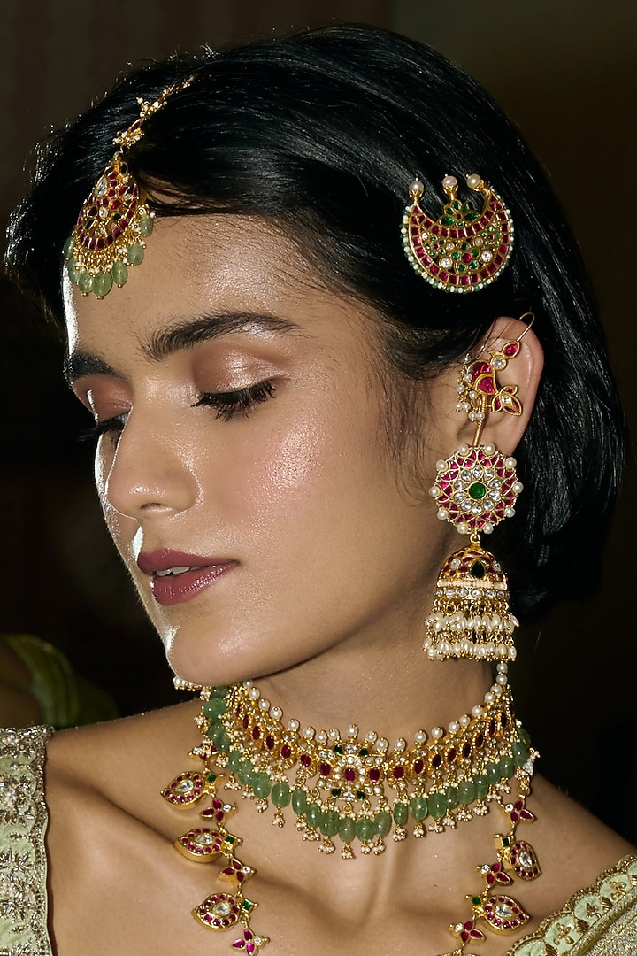 Gold Finish Kundan Polki & Green Onyx Jhumka Earrings by Preeti Mohan at Pernia's Pop Up Shop