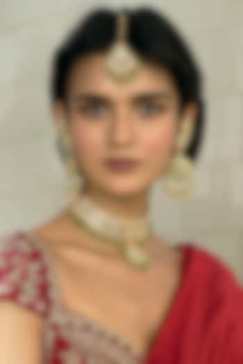 Gold Finish Kundan Polki & Green Onyx Chandbali Earrings by Preeti Mohan at Pernia's Pop Up Shop