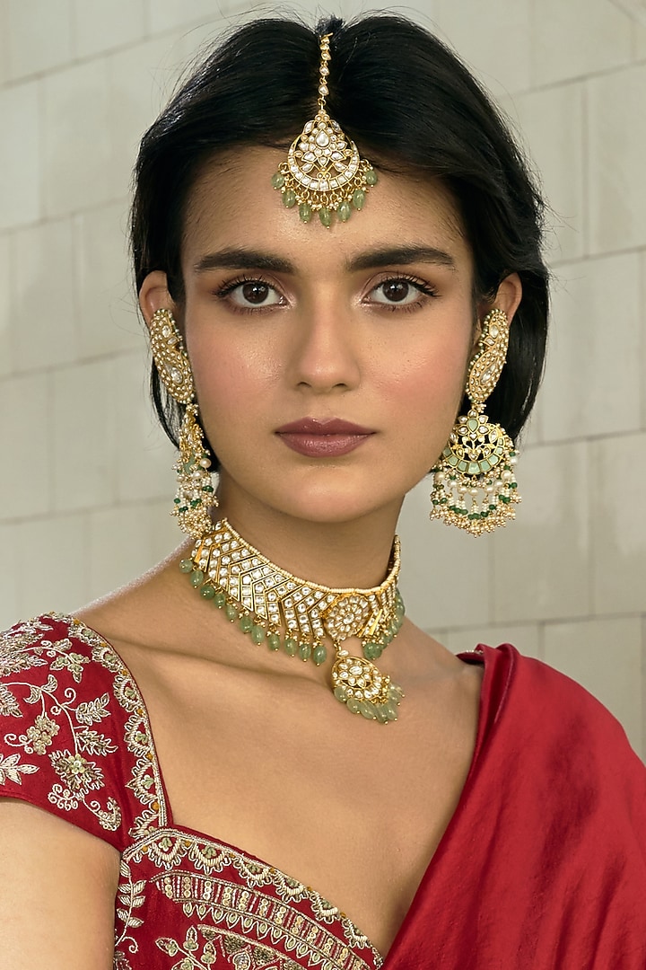 Gold Finish Kundan Polki & Green Onyx Chandbali Earrings by Preeti Mohan at Pernia's Pop Up Shop