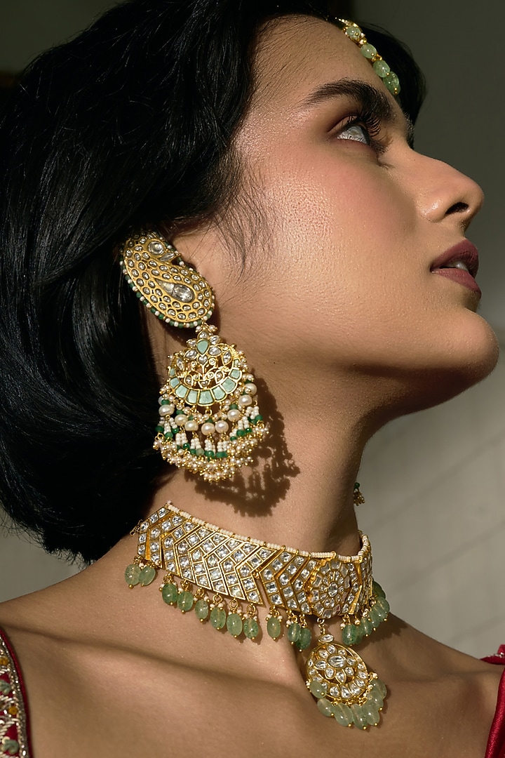 Gold Finish Kundan Polki & Green Onyx Chandbali Earrings by Preeti Mohan at Pernia's Pop Up Shop