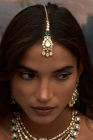 Gold Finish Kundan Polki Maangtikka by Preeti Mohan