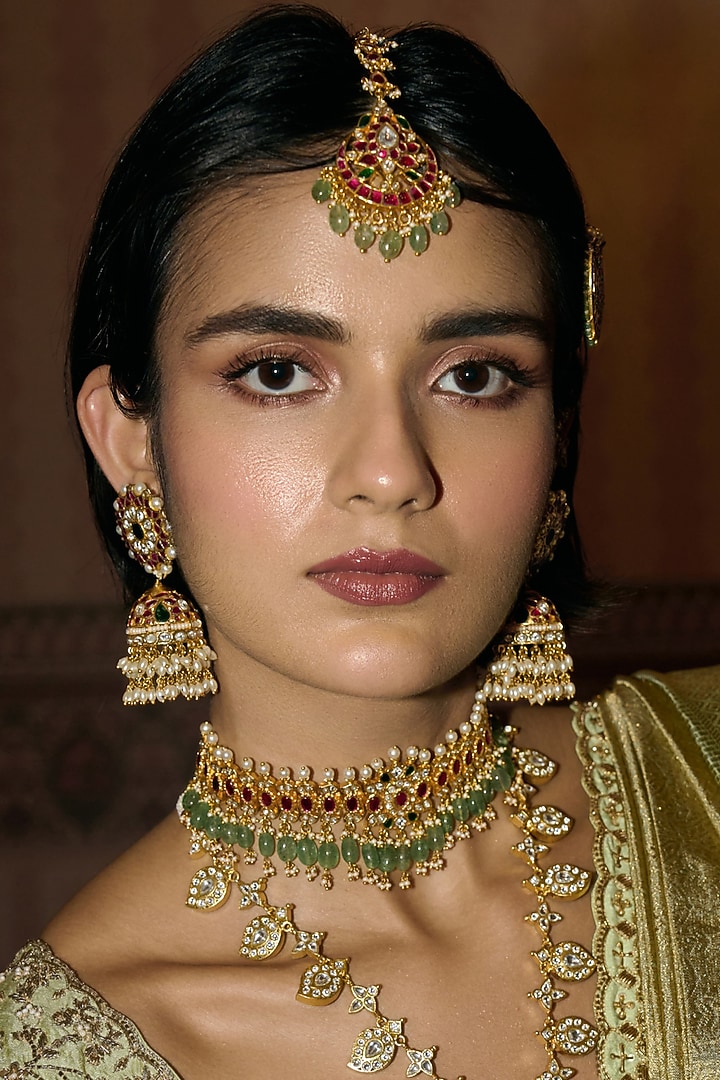 Gold Finish Kundan Polki & Green Onyx Maangtikka by Preeti Mohan at Pernia's Pop Up Shop