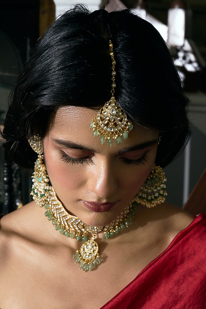 Gold Finish Kundan Polki & Green Onyx Maangtikka by Preeti Mohan at Pernia's Pop Up Shop