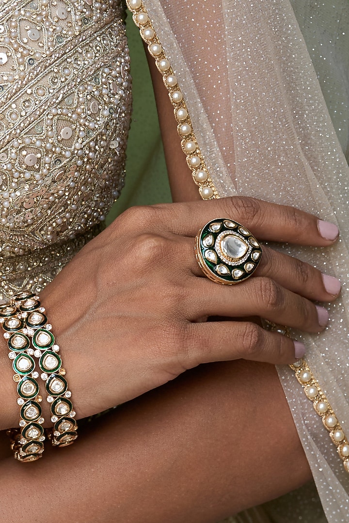 Gold Finish Kundan Polki Ring by Preeti Mohan at Pernia's Pop Up Shop