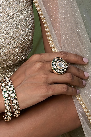 Gold Finish Kundan Polki Ring by Preeti Mohan