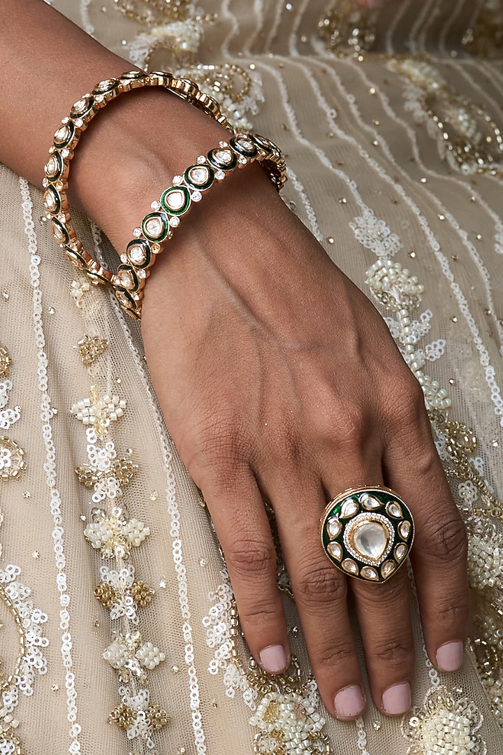 Gold Finish Kundan Polki Ring by Preeti Mohan at Pernia's Pop Up Shop
