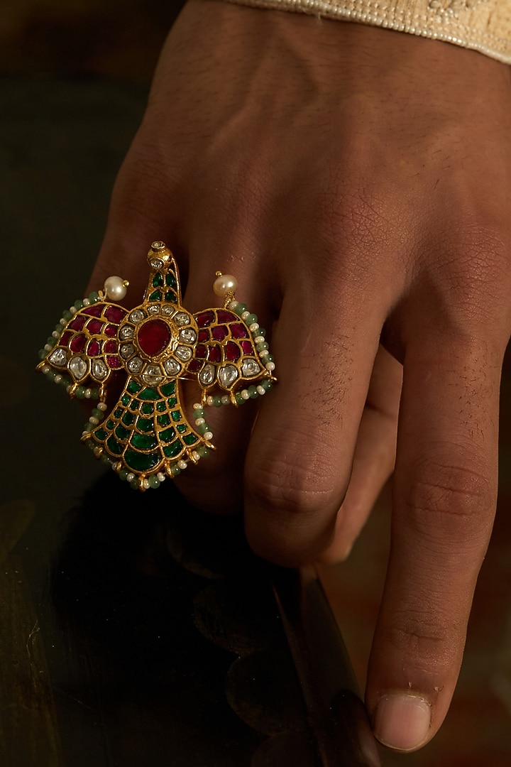 Gold Finish Kundan Polki Ring by Preeti Mohan at Pernia's Pop Up Shop