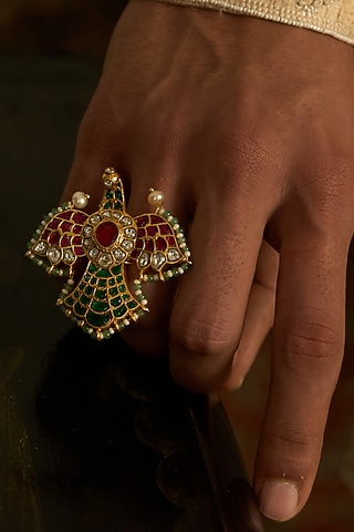 Gold Finish Kundan Polki Ring by Preeti Mohan
