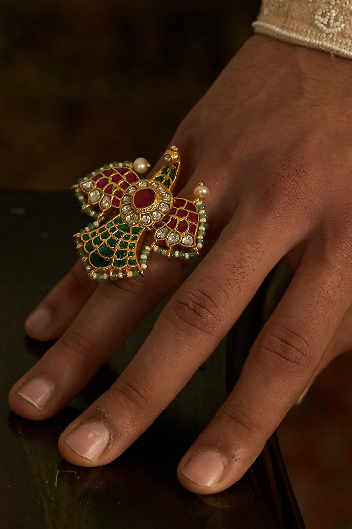 Gold Finish Kundan Polki Ring by Preeti Mohan at Pernia's Pop Up Shop