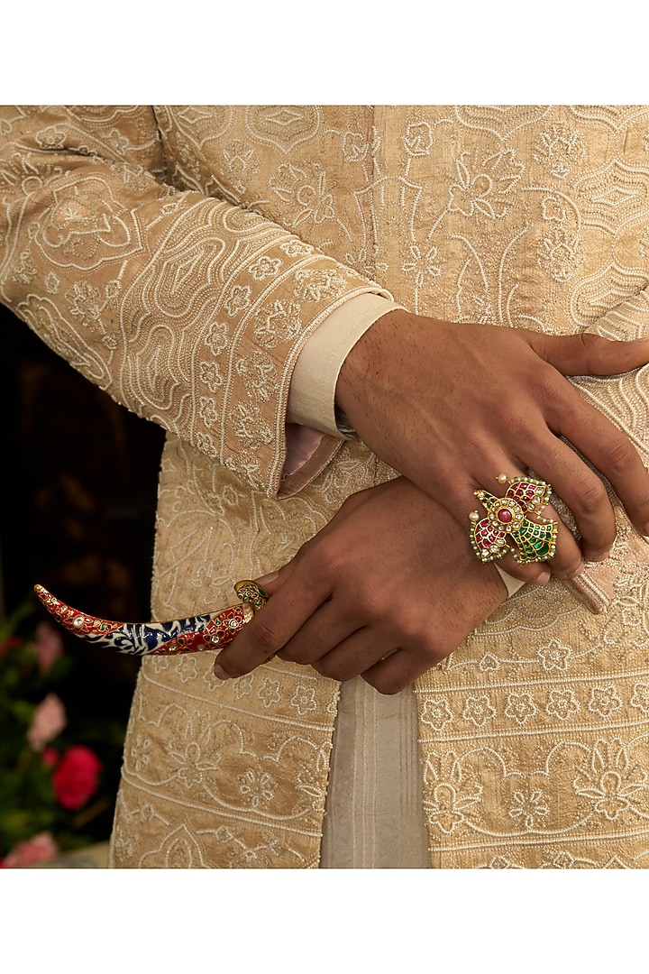 Gold Finish Kundan Polki Ring by Preeti Mohan at Pernia's Pop Up Shop