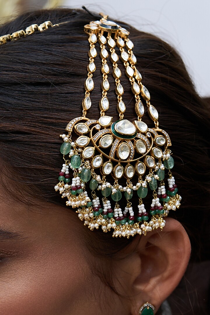 Gold Finish Kundan Polki & Green Onyx Pasa by Preeti Mohan at Pernia's Pop Up Shop