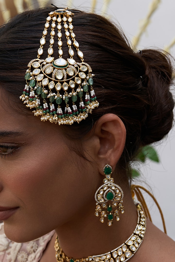 Gold Finish Kundan Polki & Green Onyx Pasa by Preeti Mohan at Pernia's Pop Up Shop