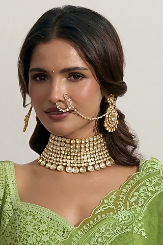 Gold Finish Kundan Polki Nose Ring by Preeti Mohan
