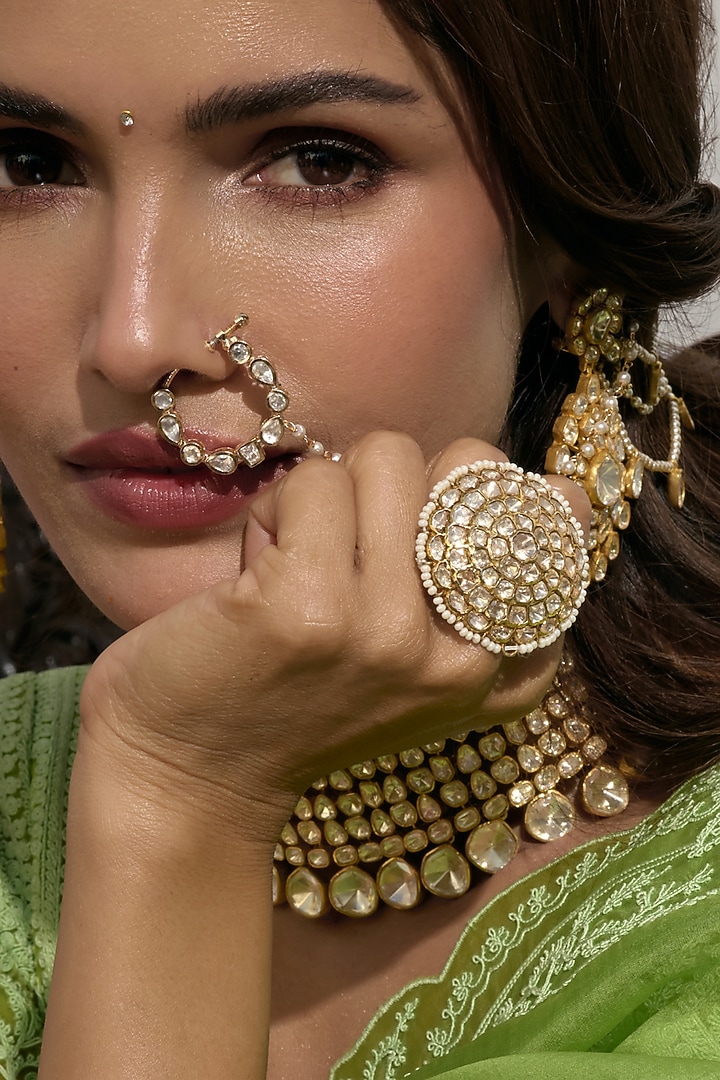 Gold Finish Kundan Polki Nose Ring by Preeti Mohan at Pernia's Pop Up Shop
