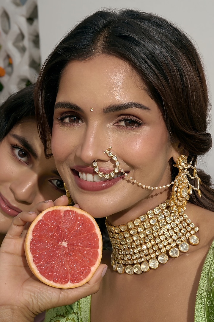 Gold Finish Kundan Polki Nose Ring by Preeti Mohan at Pernia's Pop Up Shop
