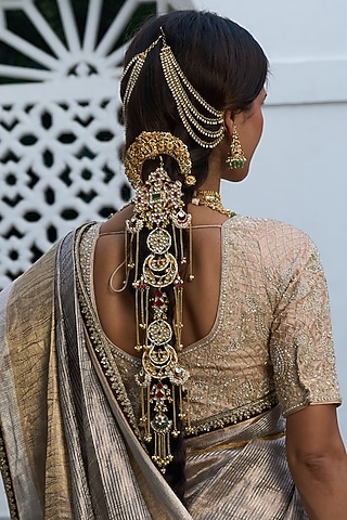 Gold Finish Kundan Polki & Pearl Hair Accessory by Preeti Mohan
