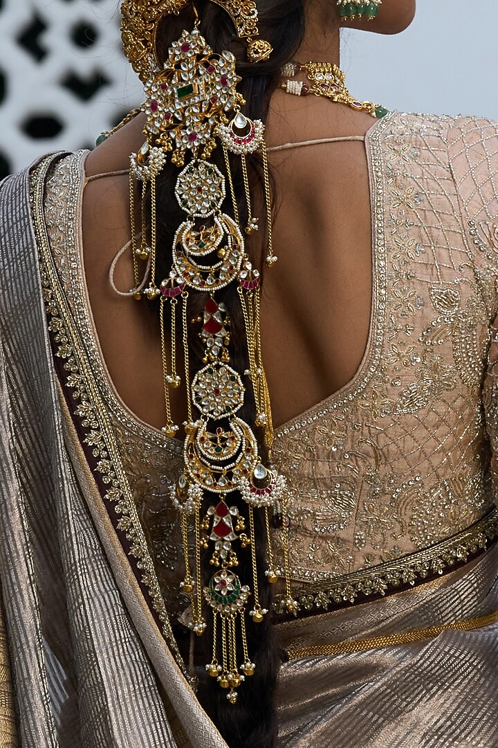 Gold Finish Kundan Polki & Pearl Hair Accessory by Preeti Mohan at Pernia's Pop Up Shop