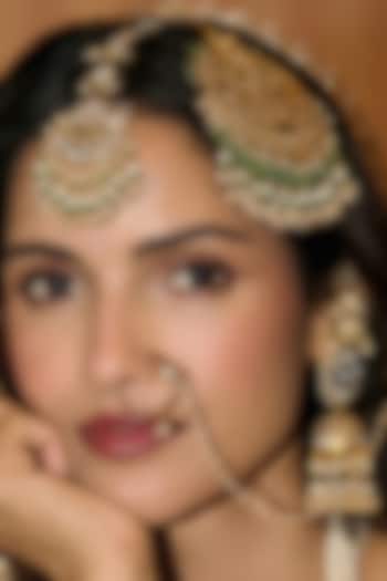 Gold Finish Kundan Polki & Pearl Nose Ring by Preeti Mohan at Pernia's Pop Up Shop
