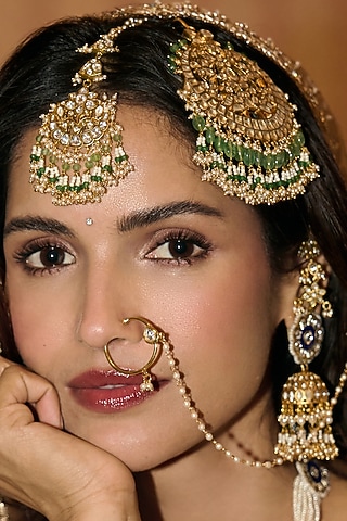 Gold Finish Kundan Polki & Pearl Nose Ring by Preeti Mohan