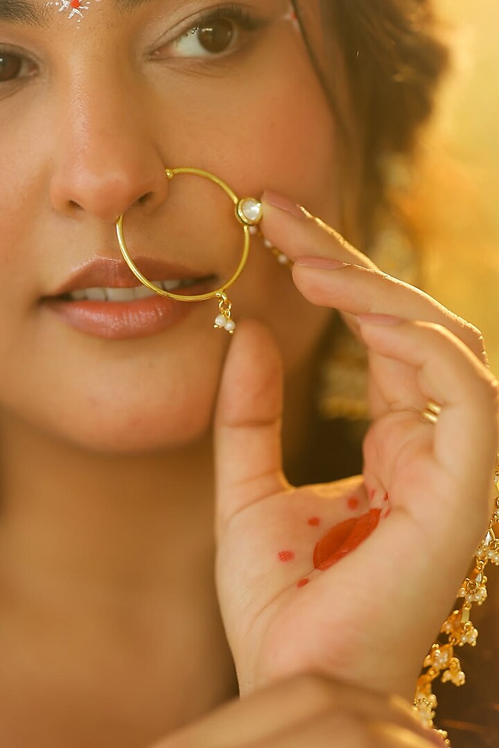 Gold Finish Kundan Polki & Pearl Nose Ring by Preeti Mohan at Pernia's Pop Up Shop