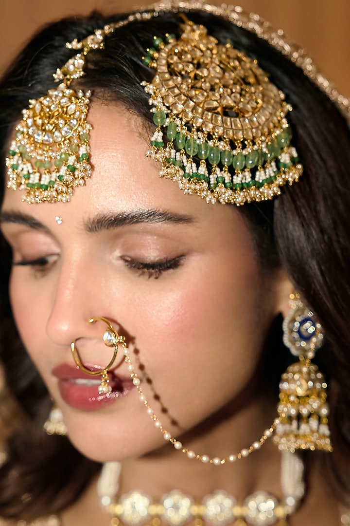 Gold Finish Kundan Polki & Pearl Nose Ring by Preeti Mohan at Pernia's Pop Up Shop