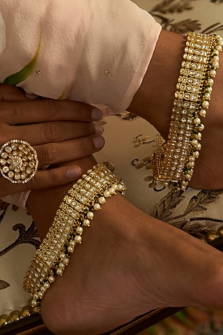 Gold Finish Kundan Polki & Pearl Anklets (Set Of 2) by Preeti Mohan