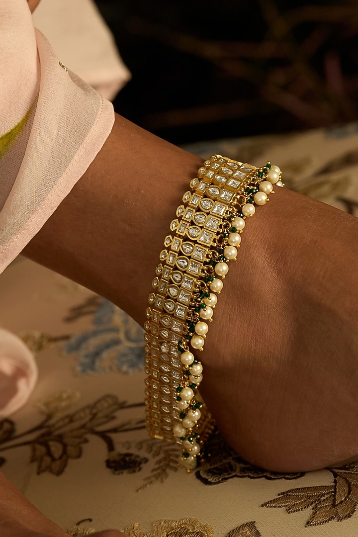 Gold Finish Kundan Polki & Pearl Anklets (Set Of 2) by Preeti Mohan at Pernia's Pop Up Shop