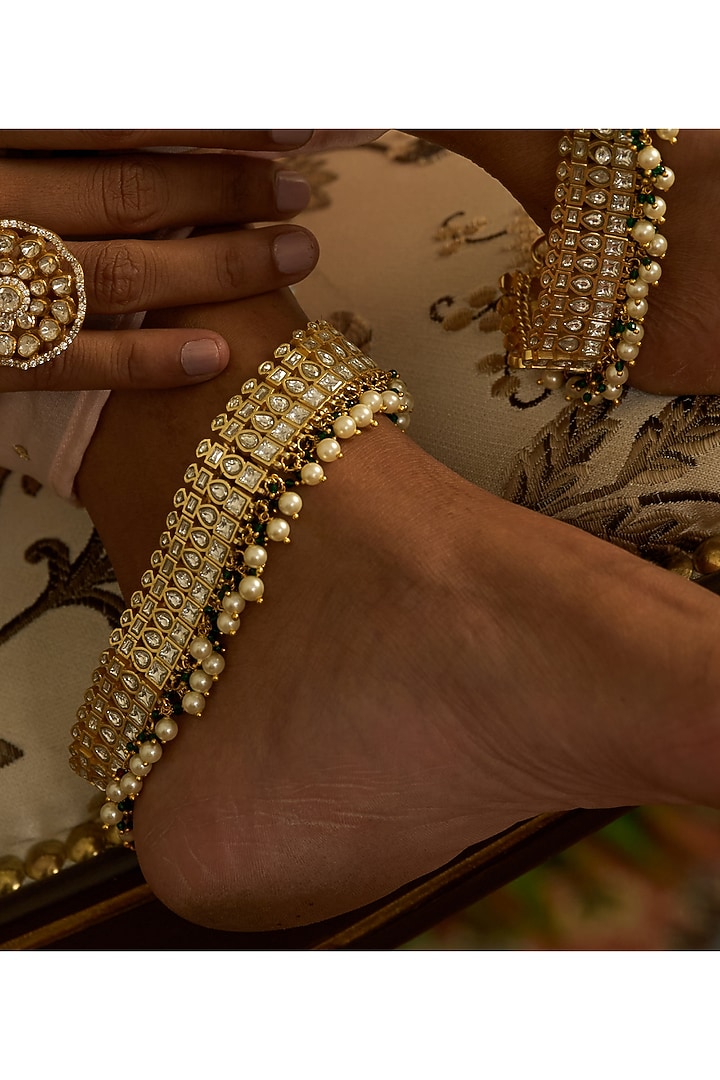 Gold Finish Kundan Polki & Pearl Anklets (Set Of 2) by Preeti Mohan at Pernia's Pop Up Shop