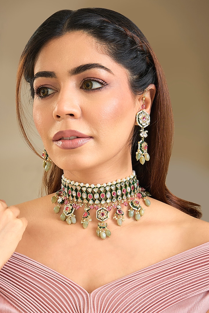 Gold Finish Multi-Colored Stone Choker Necklace Set by Preeti Mohan at Pernia's Pop Up Shop