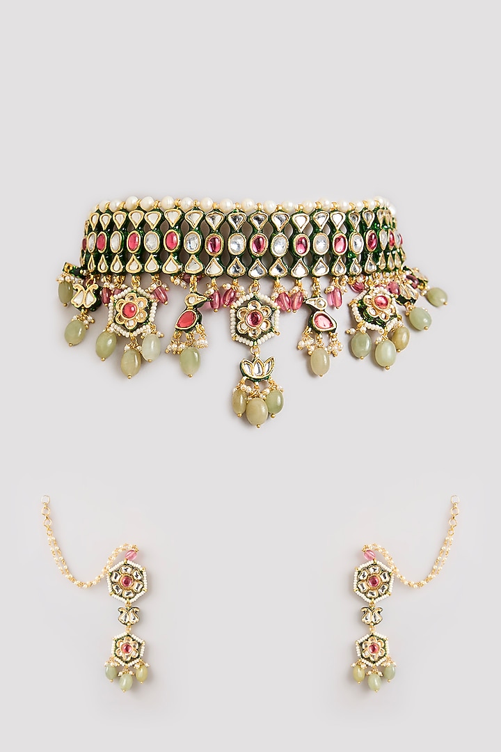 Gold Finish Multi-Colored Stone Choker Necklace Set by Preeti Mohan at Pernia's Pop Up Shop