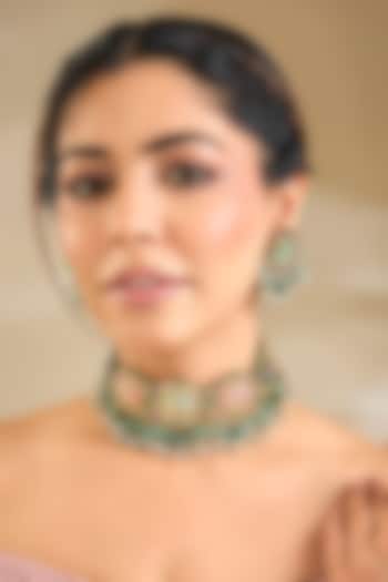Gold Finish Emerald Stone Choker Necklace Set by Preeti Mohan at Pernia's Pop Up Shop