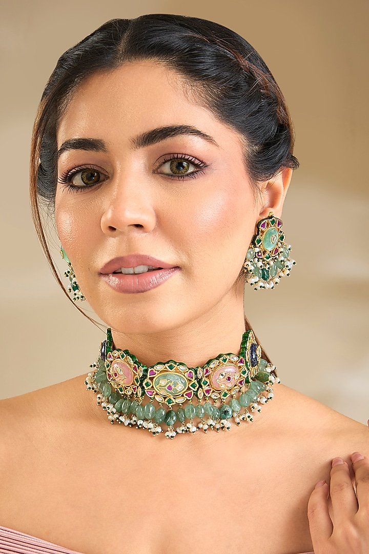 Gold Finish Emerald Stone Choker Necklace Set by Preeti Mohan at Pernia's Pop Up Shop