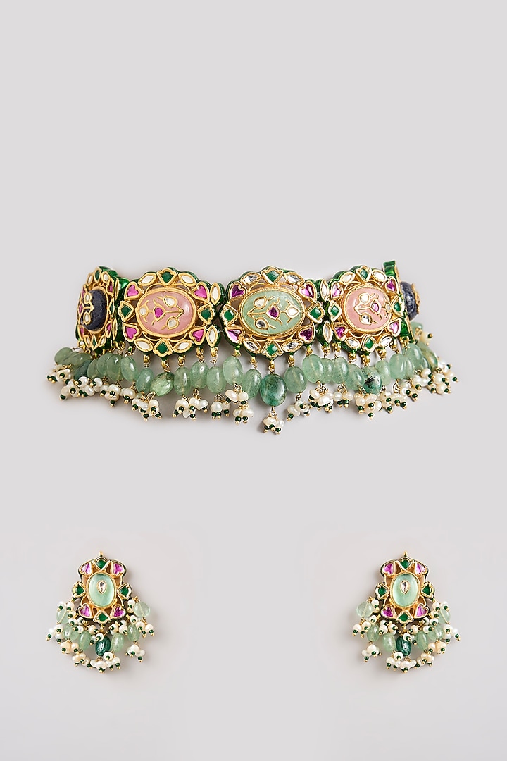 Gold Finish Emerald Stone Choker Necklace Set by Preeti Mohan at Pernia's Pop Up Shop