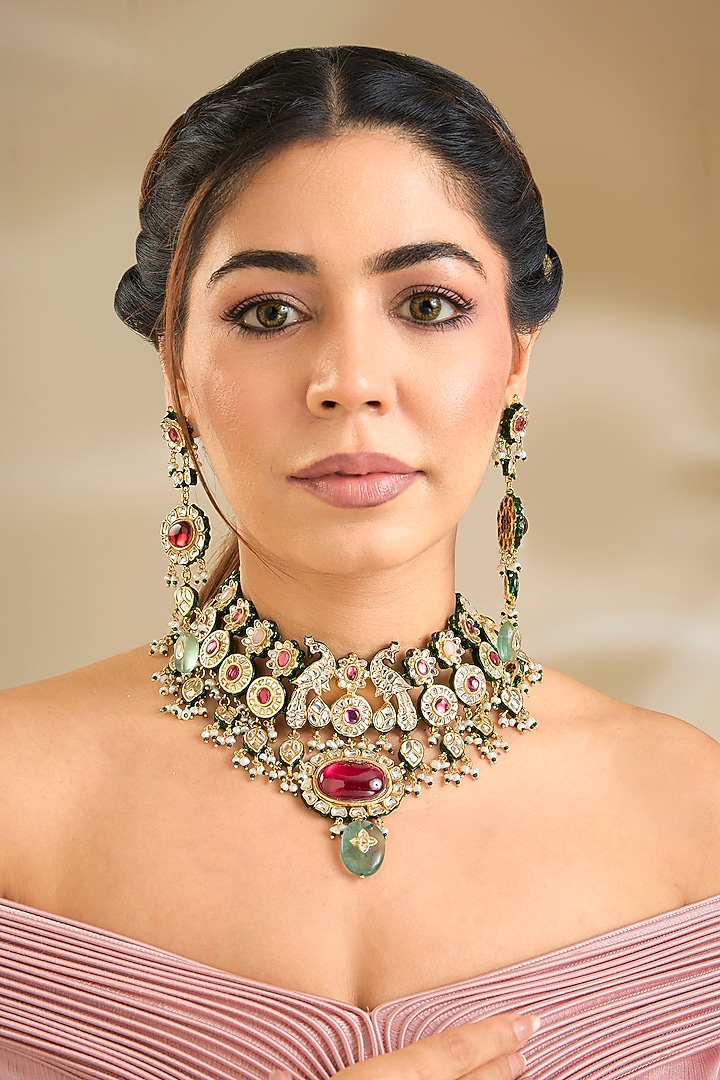 Gold Finish Multi-Colored Stone Necklace Set by Preeti Mohan at Pernia's Pop Up Shop