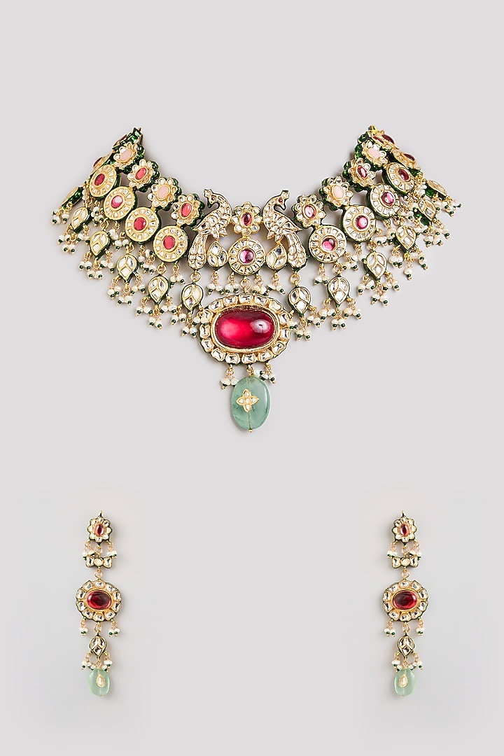 Gold Finish Multi-Colored Stone Necklace Set by Preeti Mohan at Pernia's Pop Up Shop