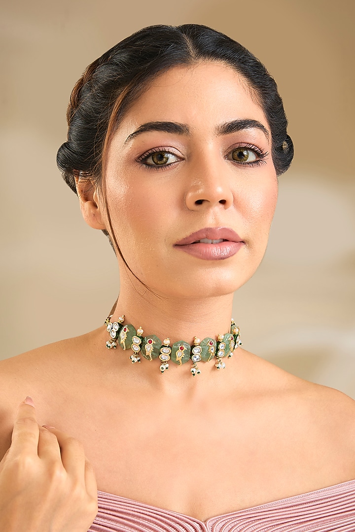 Gold Finish Emerald Stone Choker Necklace by Preeti Mohan at Pernia's Pop Up Shop