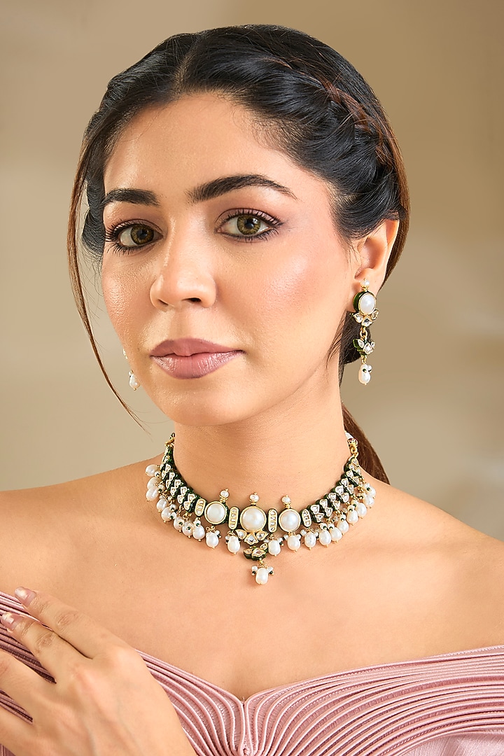 Gold Finish White Stone Necklace Set by Preeti Mohan at Pernia's Pop Up Shop