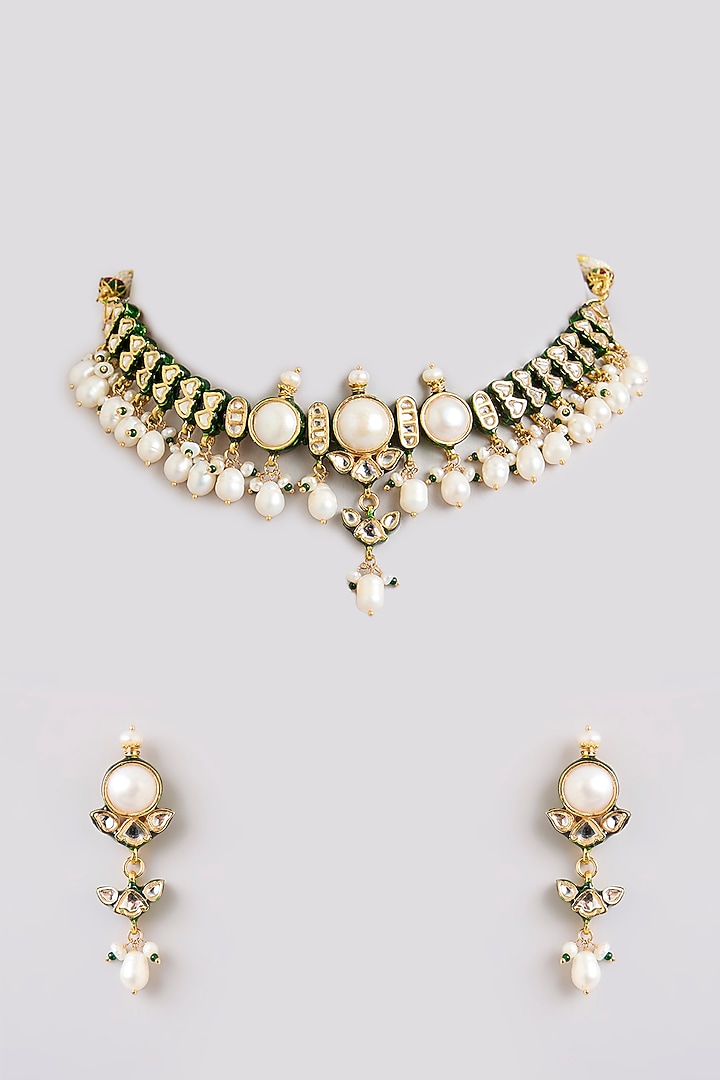 Gold Finish White Stone Necklace Set by Preeti Mohan at Pernia's Pop Up Shop