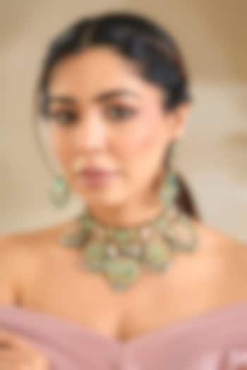 Gold Finish Emerald Stone Choker Necklace Set by Preeti Mohan at Pernia's Pop Up Shop