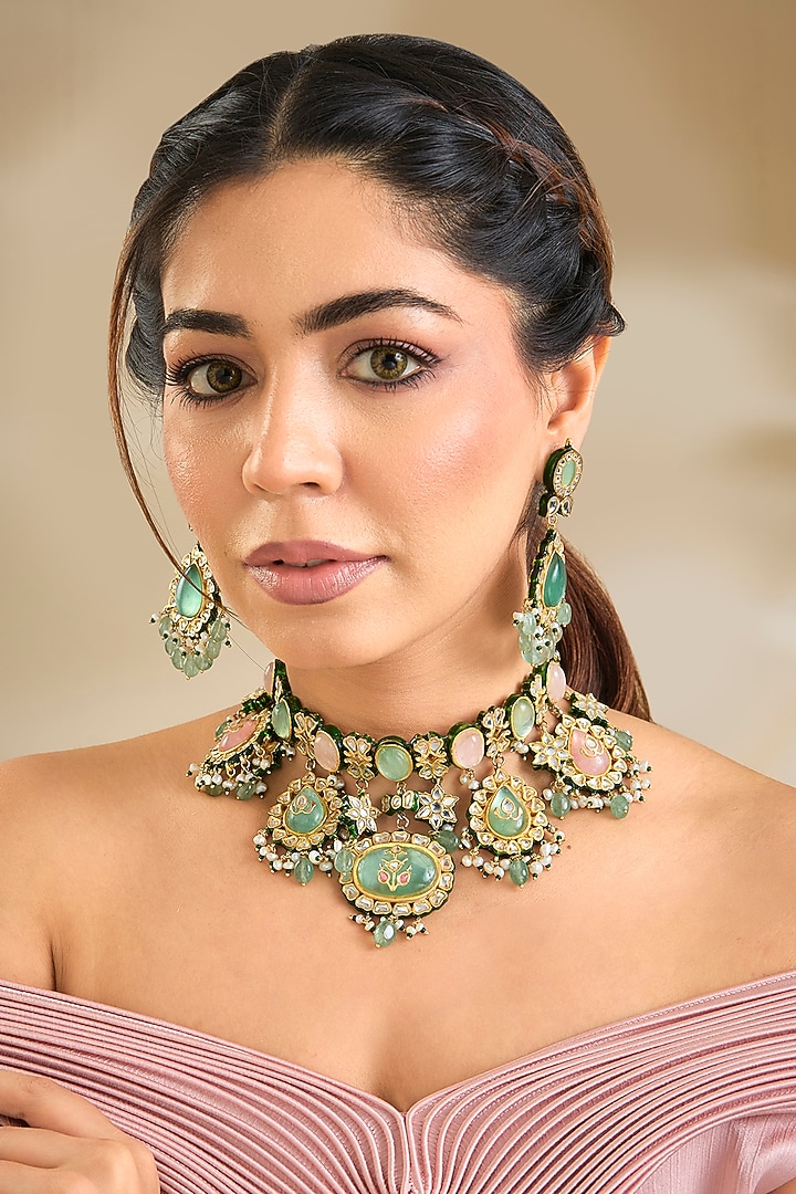 Gold Finish Emerald Stone Choker Necklace Set by Preeti Mohan at Pernia's Pop Up Shop