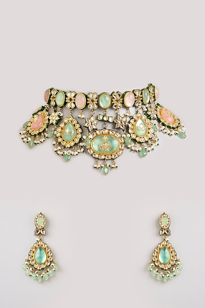 Gold Finish Emerald Stone Choker Necklace Set by Preeti Mohan at Pernia's Pop Up Shop