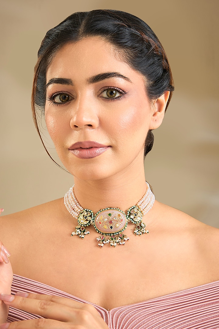 Gold Finish Emerald Stone & Beaded Choker Necklace by Preeti Mohan at Pernia's Pop Up Shop