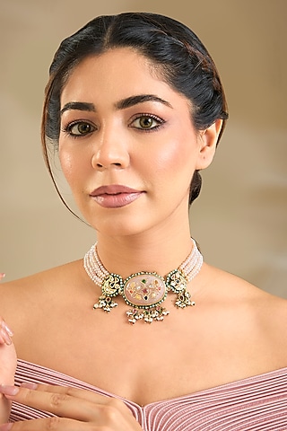 Gold Finish Emerald Stone & Beaded Choker Necklace by Preeti Mohan