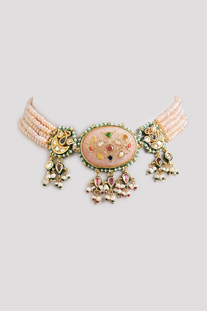Gold Finish Emerald Stone & Beaded Choker Necklace by Preeti Mohan at Pernia's Pop Up Shop