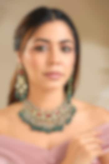 Gold Finish Emerald Stone Choker Necklace Set by Preeti Mohan at Pernia's Pop Up Shop