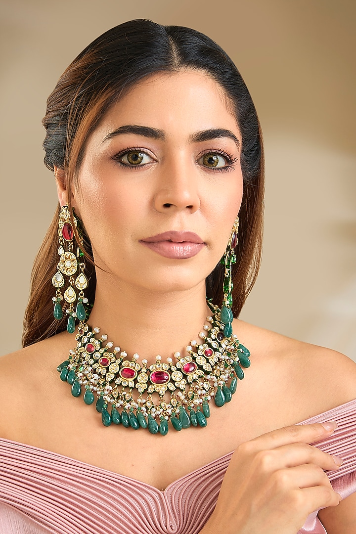 Gold Finish Emerald Stone Choker Necklace Set by Preeti Mohan at Pernia's Pop Up Shop