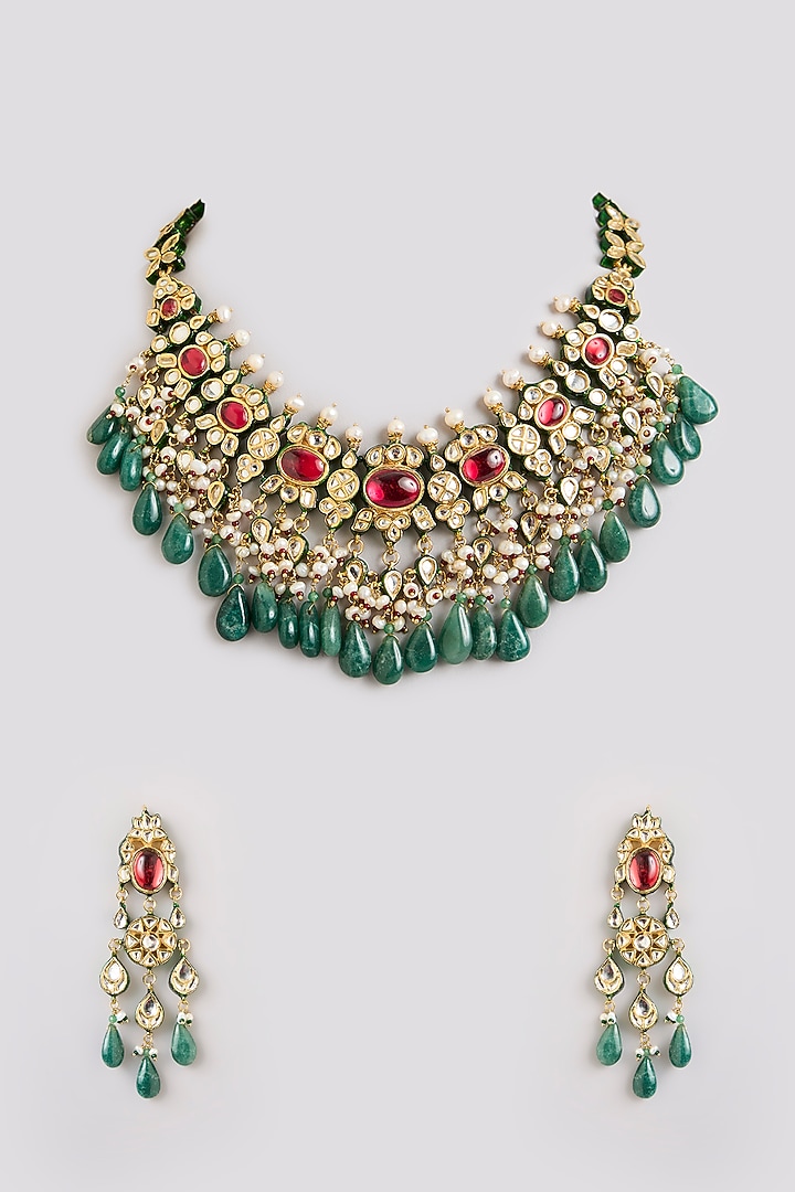 Gold Finish Emerald Stone Choker Necklace Set by Preeti Mohan at Pernia's Pop Up Shop