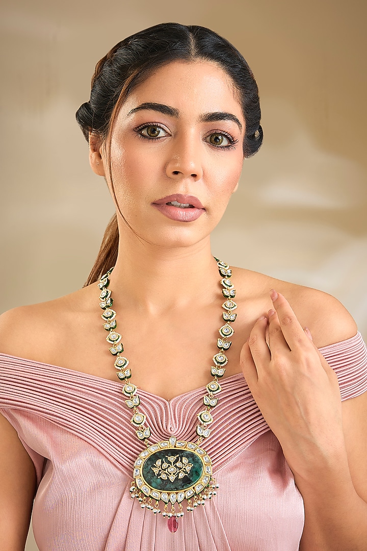 Gold Finish Emerald Stone Long Necklace by Preeti Mohan at Pernia's Pop Up Shop
