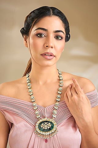 Gold Finish Emerald Stone Long Necklace by Preeti Mohan