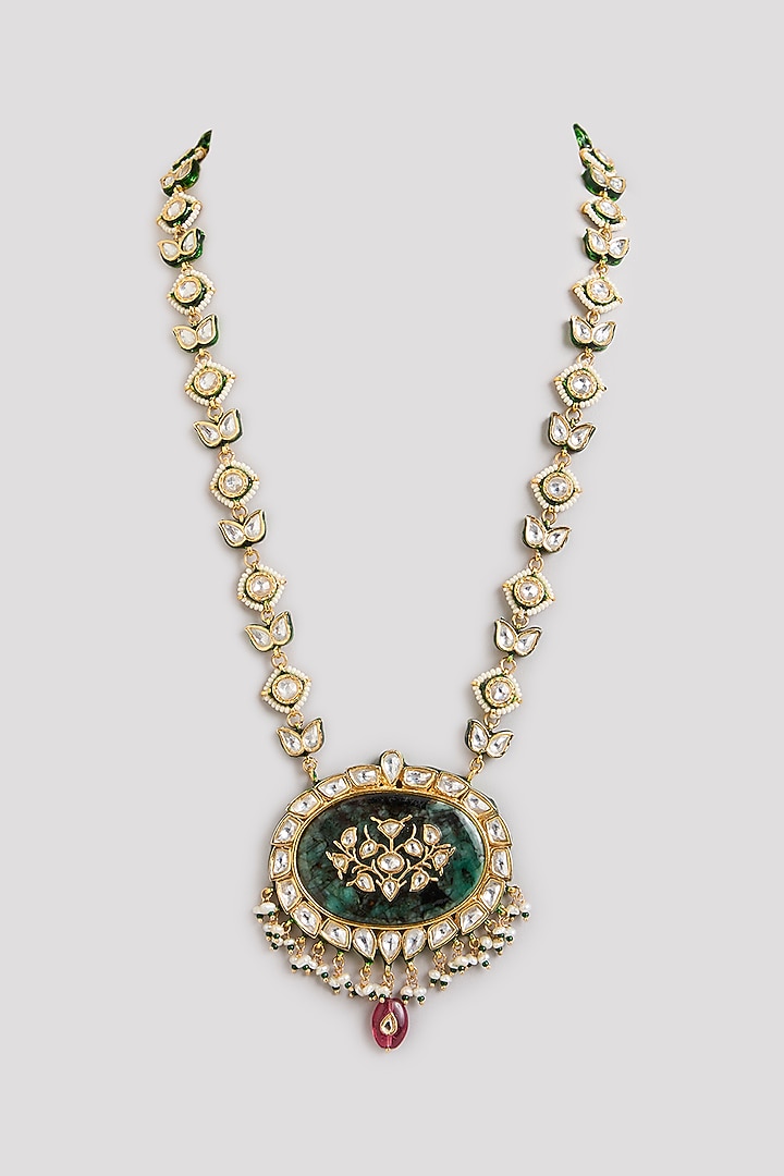 Gold Finish Emerald Stone Long Necklace by Preeti Mohan at Pernia's Pop Up Shop